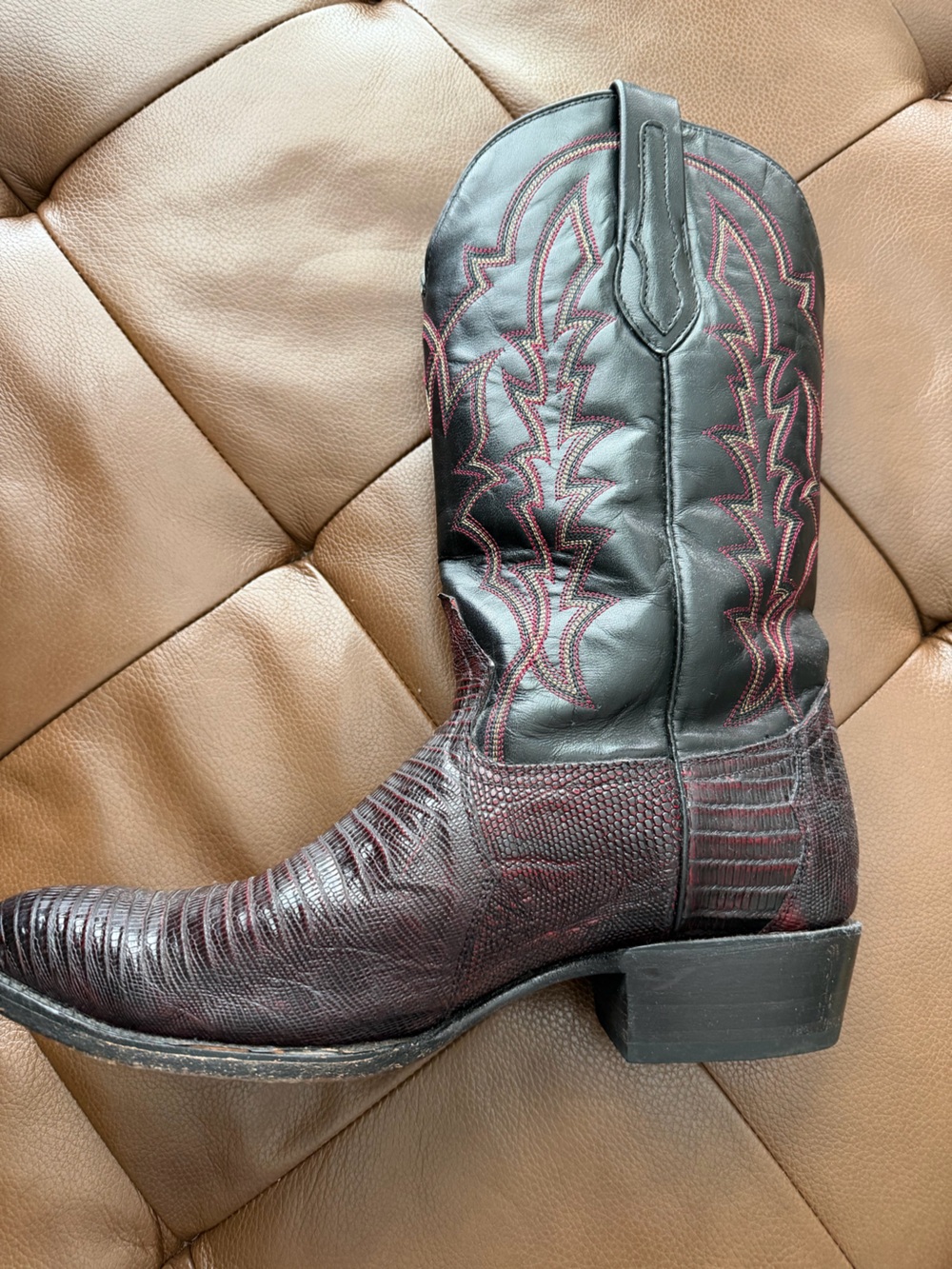 J.B. Dillon Genuine Lizard Cowboy Boots Men’s 11.5 D Burgundy Black Western